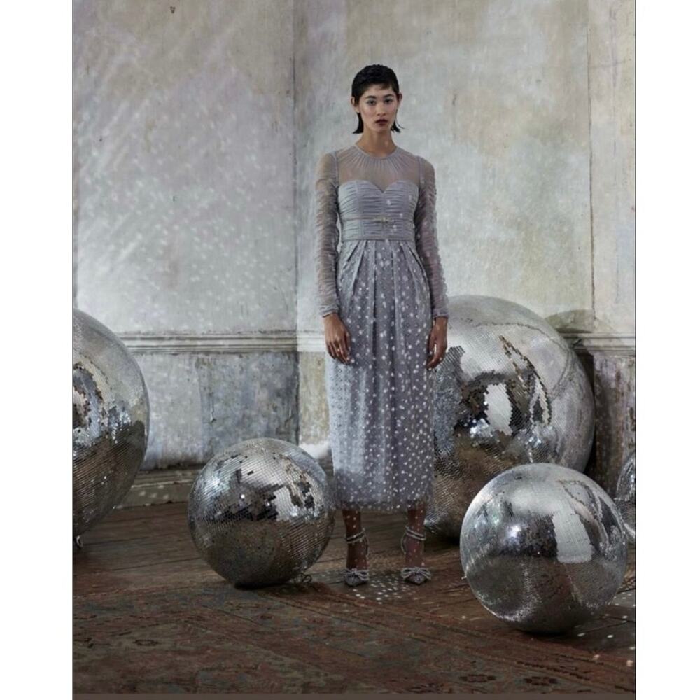 Self-Portrait Sequined Tulle Satin Tiered Midi Dress Grey US 8